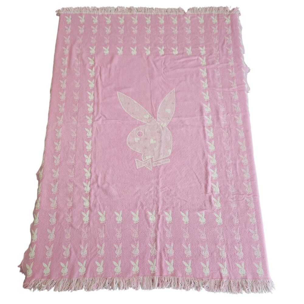 Vintage 2004 Playboy Bunny Reversible Throw Blanket Pink Cream Y2K Fringe